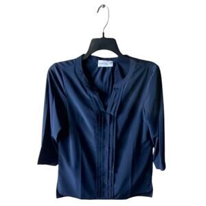 Estee Lauder Top Womens M 3/4 Sleeve Pleated Deep V-Neck Casual Preppy Pullover